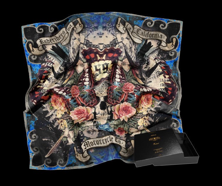 FOULARD RUDE RIDERS® UNISEXE MODÉLE SKULL AND ROSES – bijoux fait main en argent 925 | Pitch & Néo