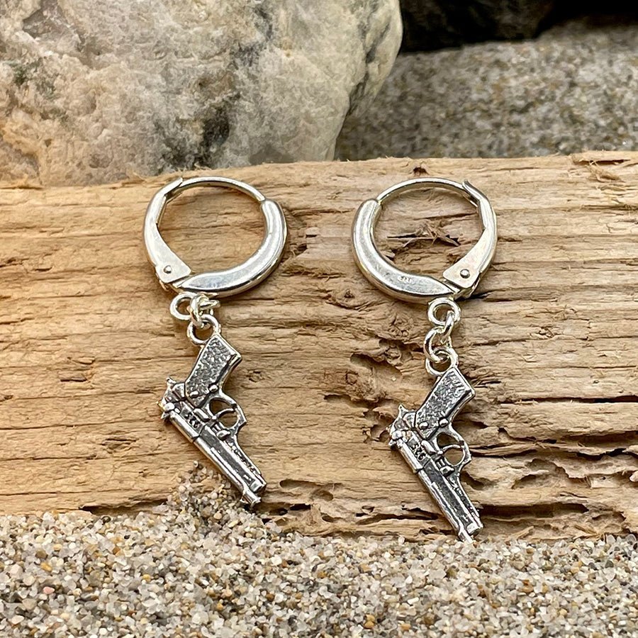 HEATER BOUCLES D'OREILLES CRÈOLES AVEC PENDENTIFS PISTOLETS BERETTA EN ARGENT 925 – bijoux fait main en argent 925 | Pitch & Néo