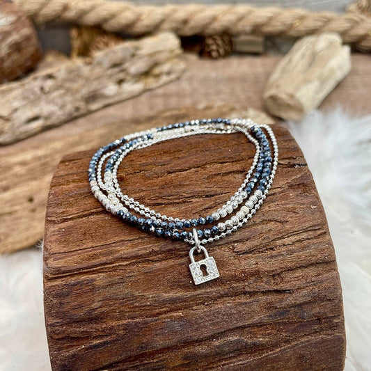 LUCCATU BRACELET MULTI RANGS EN PERLES DE TÉRAHERTZ AVE PENDENTIF CADENAS PAVÉ DE ZIRCONS EN ARGENT 925 – bijoux fait main en argent 925 | Pitch & Néo